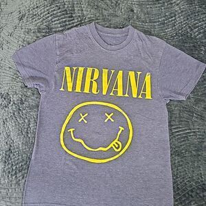 Nirvana Smiley Face Blue/Yellow Distressed T-Shirt Official Merch Men's Size  S